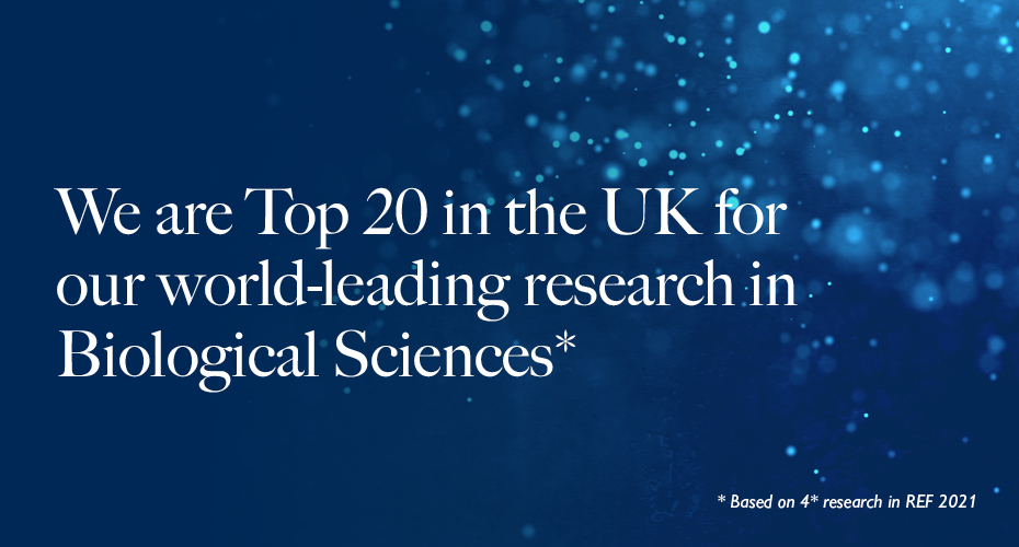 We are Top 20 in the UK for our world-leading research in Biological Sciences. (Based on 4-star research in REF 2021.)