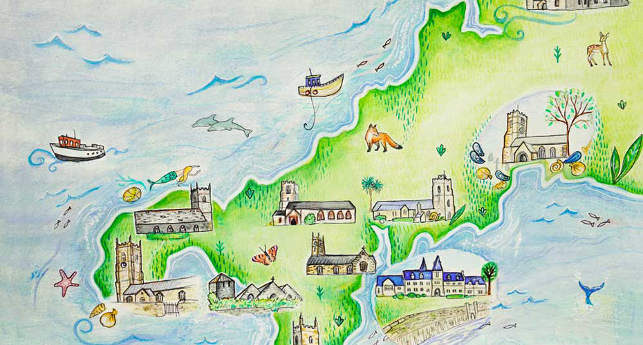Map of Cornwall sketched with images