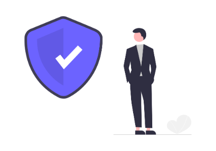 An illustration of a person in a blazer looking at a blue shield icon with a white tick in the centre
