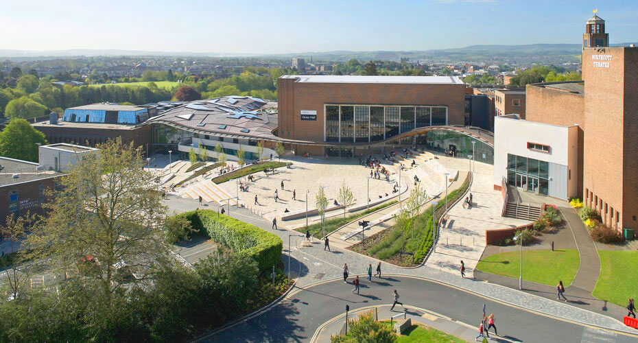 An aerial shot of the Great Hall and Piazza