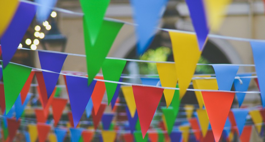 Colourful bunting in prime colours, red yellow, blue, green