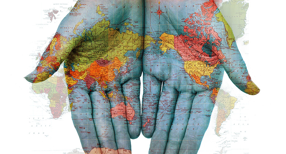 Hands painted with global map
