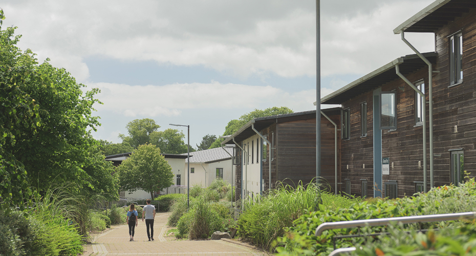 exterior image of glasney village with students walking down path