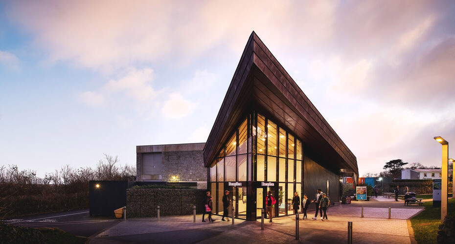 The Heart building at dusk on Penryn campus