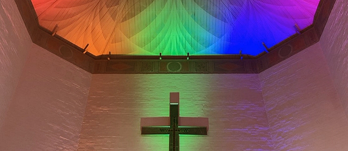 Ceiling over altar of Mary Harris Chapel lit with multicoloured lights. Taken by Rev'd Hannah Alderson 1st July 2021