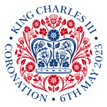 The coronation emblem of King Charles III. A circular motif on a white background, flora of the four nations of the United Kingdom depicted in red: roses (England), thistles (Scotland), daffodils (Wales) and shamrocks (Northern Ireland). In the centre of the circle, the same flora are arranged, in blue, in the shape of St Edward’s Crown, used for the coronation of British monarchs.