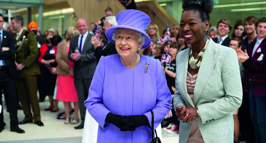 Her Majesty the Queen with the Chancellor, Baroness Floella Benjamin OBE DL, Hon D. Litt (Exeter) in the Forum during the Royal visit on 2 May 2012