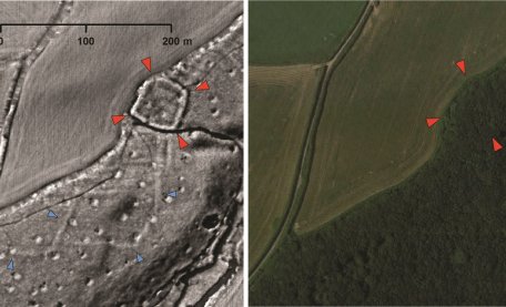 A probable Iron Age or Roman enclosed settlement (red arrows) and associated field system (blue arrows) revealed by LiDAR data but hidden today beneath woodland