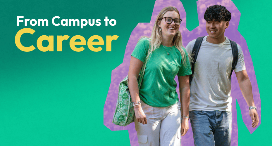 Two students on a green backgound