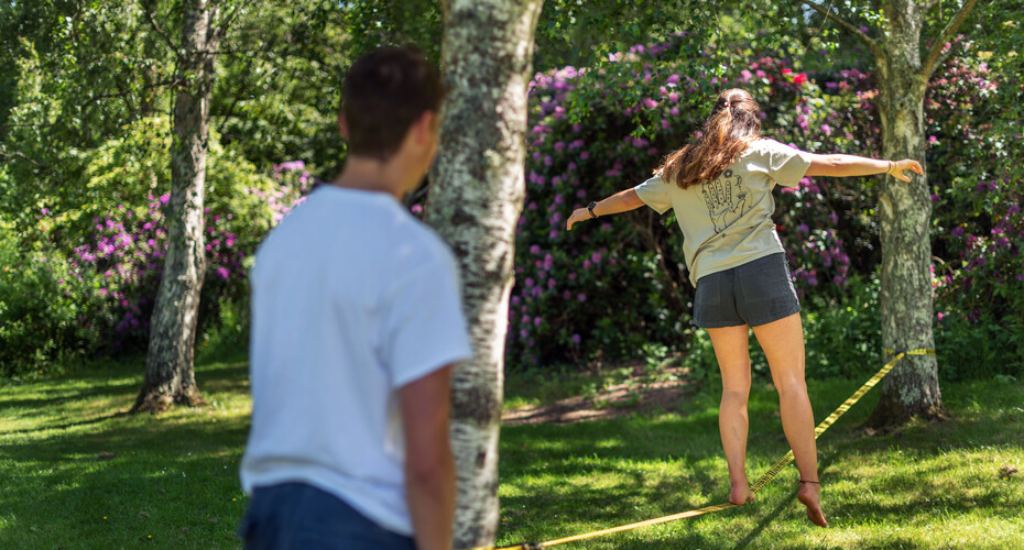 Students on a slackline on Streatham Campus