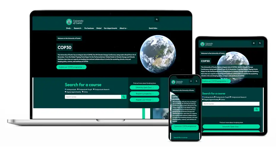 The University homepage appearing on a laptop, tablet and mobile phone.