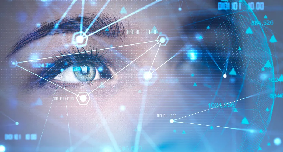 A close-up of a woman's eye surrounded by a futuristic digital interface with glowing elements and data displays.