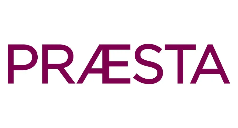 Praesta logo featuring the word praesta in purple against a black backdrop.