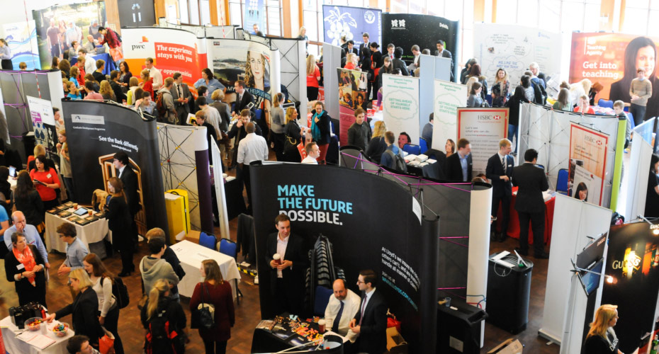 Students browsing the stands at a careers fair