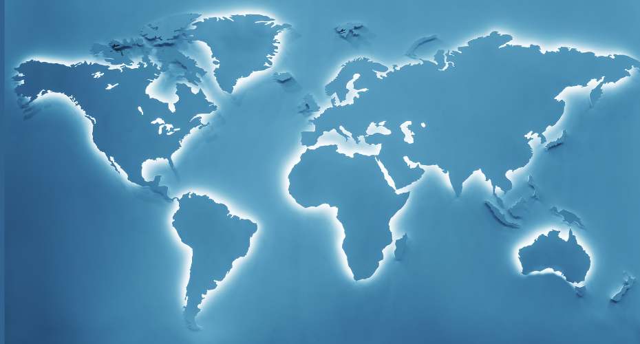 a pictorial representation of the map of the world in shades of blue