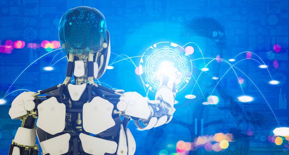 A robotic person with its back to the camera is holding its finger out in front of a blue computer generated screen with circles and curves