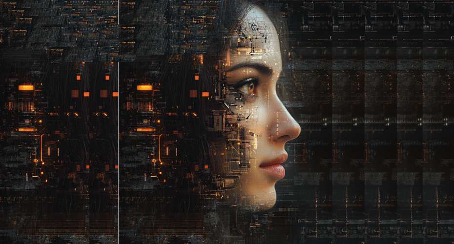A woman's face in profile is against a backdrop of a dark background with feint images of microchips, boards and wires