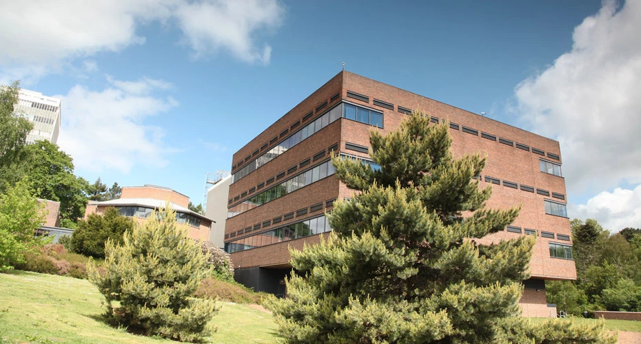 picture of the Geoffrey Pope building, with blue skies in the background and trees in the foreground