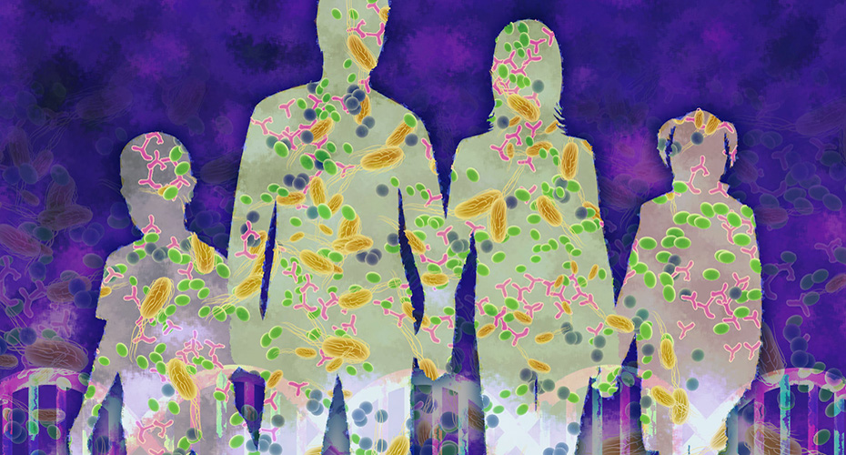 silhoutte of family with graphics of microbes