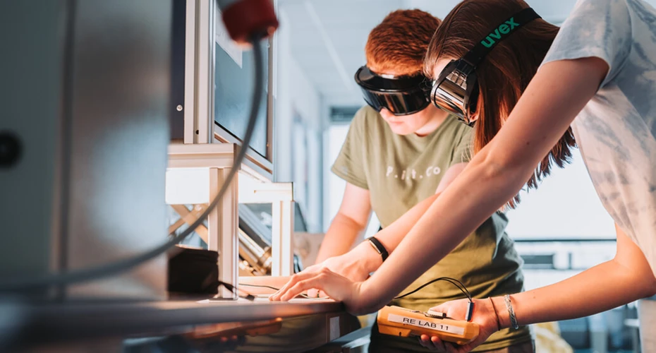 Students working in a Renewable Energy Engineering lab in Cornwall.