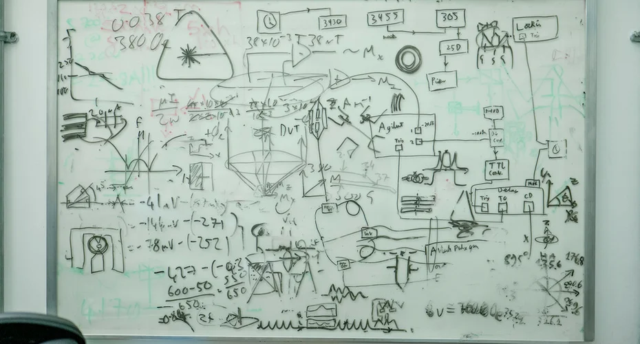 Physics equations written out on a whiteboard.