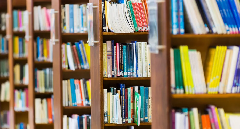 Multicoloured books on library shelves