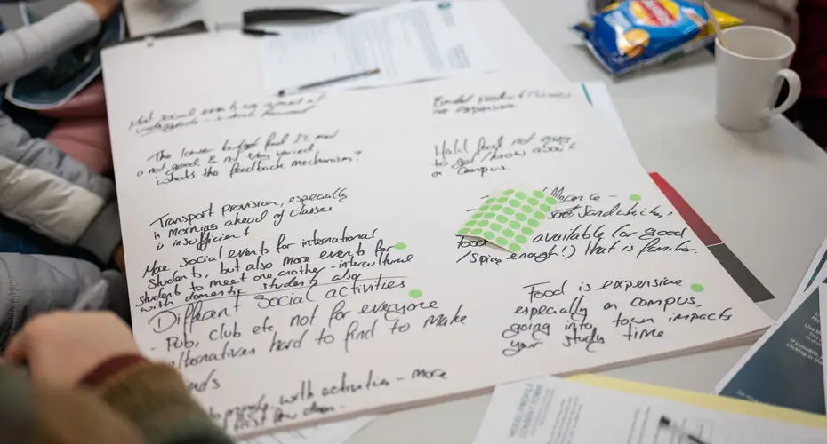 Large sheet of white paper with writing and sticky notes on, laid on a table
