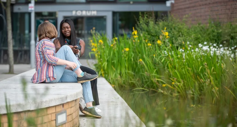 Two people are seated on a wall next to a pond, engaged in conversation.