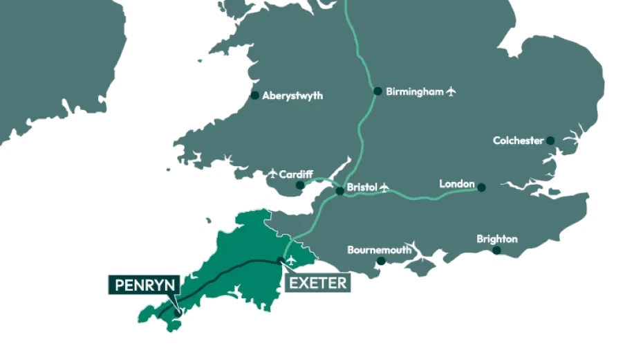 A map of the UK showing the location of our campuses in Exeter and Cornwall
