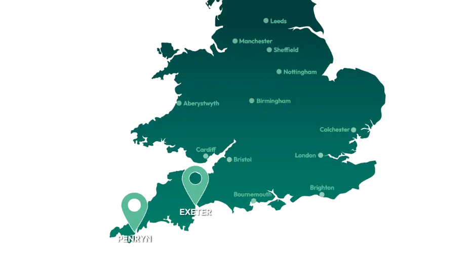 A map of the UK showing the location of our campuses in Exeter and Cornwall