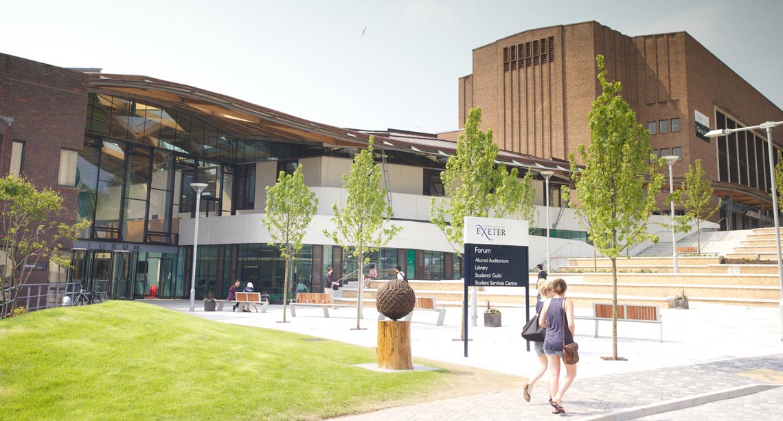 A view of the Streatham campus looking up towards the Forum, piazza and Alumni Auditorium
