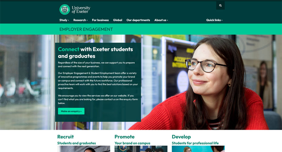 Screenshot fo the Employer Engagement website homepage - https://www.exeter.ac.uk/students/careers/employer-engagement/