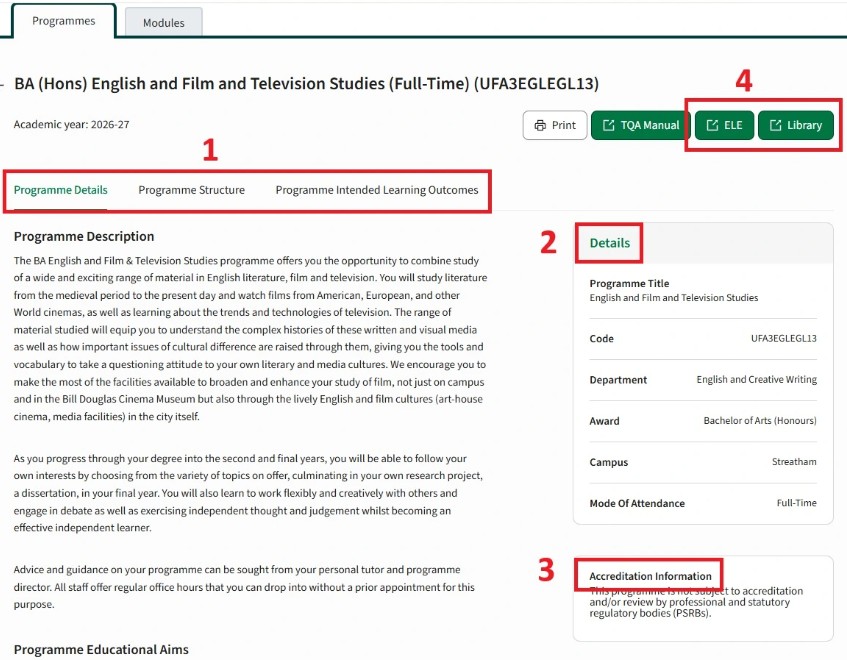 Screenshot: The structure of programme pages