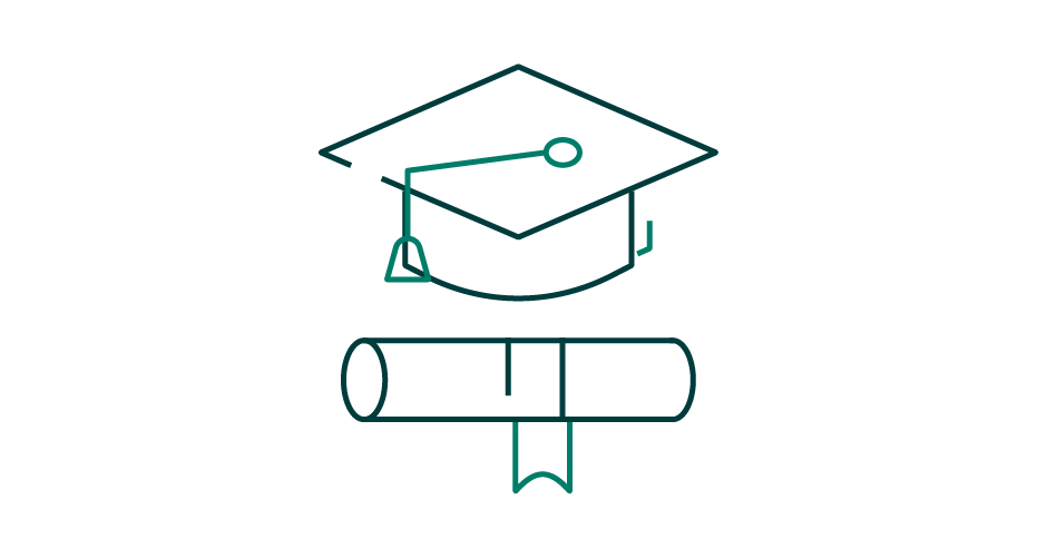 Graduation icon: a mortarboard above a certificate scroll