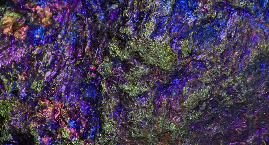 A close up image of bornite minerals