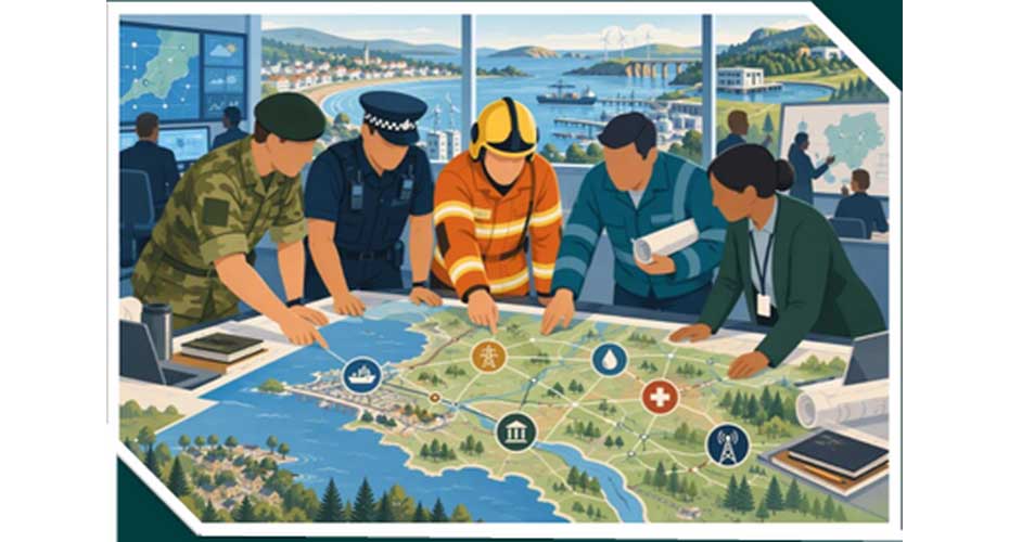 Illustration of military, police, fire and emergency services personnel collaborating around a map to coordinate regional homeland defence and emergency response.