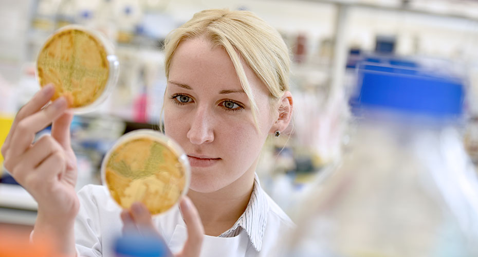 Researcher with petri dish in lab