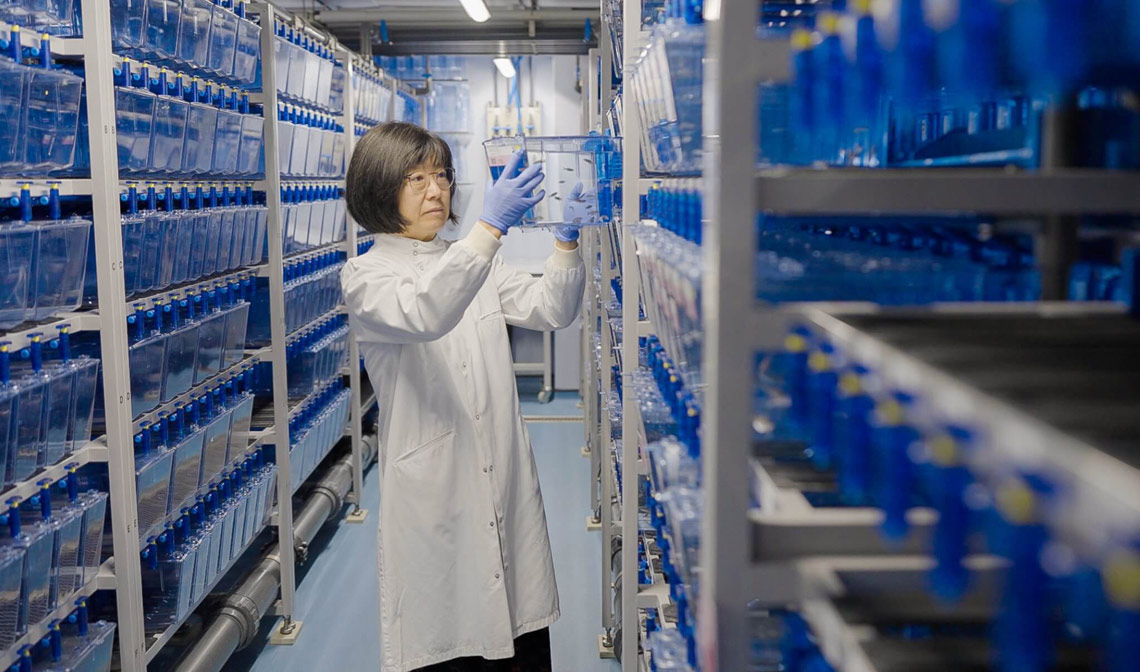Female researcher in white lab coat stood next to storage rack