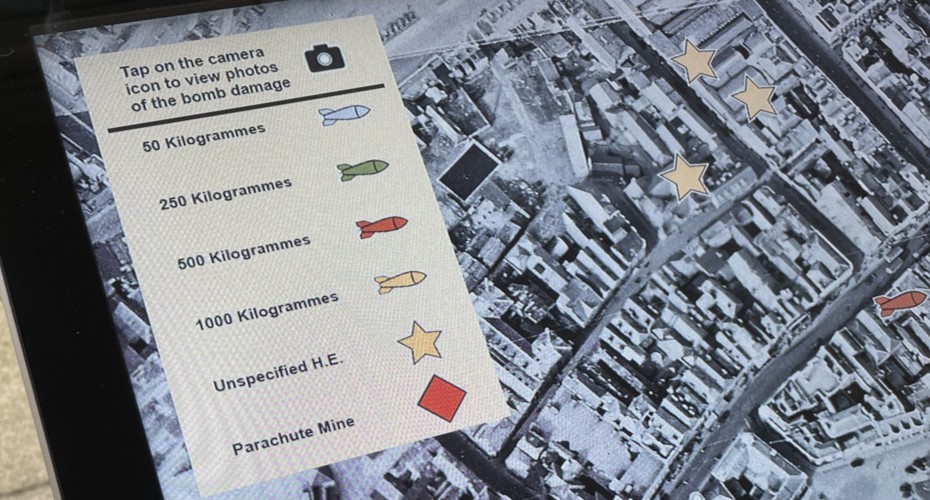 A digital map displaying bomb damage in Exeter
