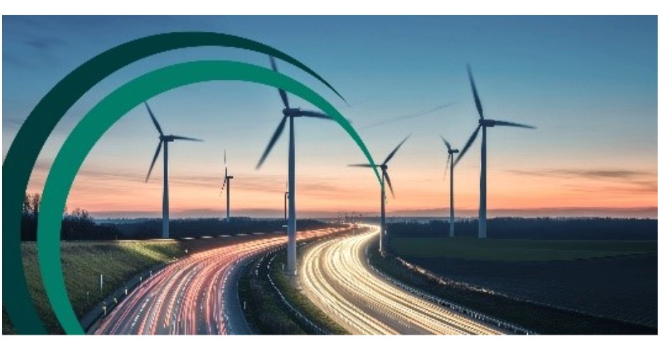 Wind turbines across a busy road