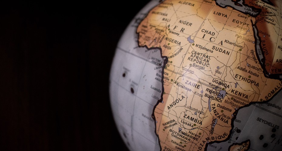 A globe, centred on Africa, on black background