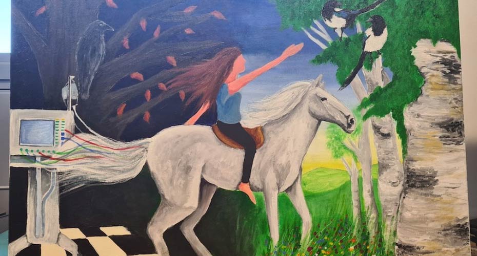 Transitions by Kirsty Cracknell. artwork showing a woman riding on a white horse transition from a medical room to a natural environment