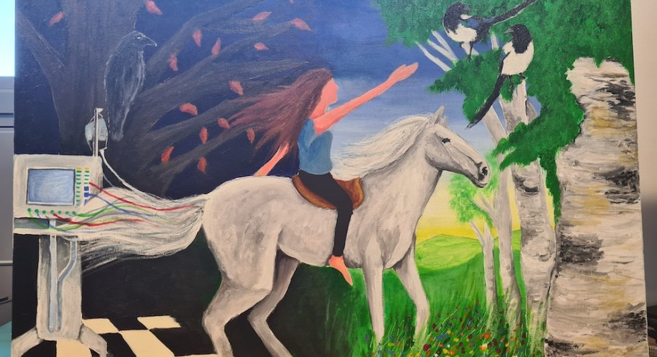 Transitions by Kirsty Cracknell. artwork showing a woman riding on a white horse transition from a medical room to a natural environment
