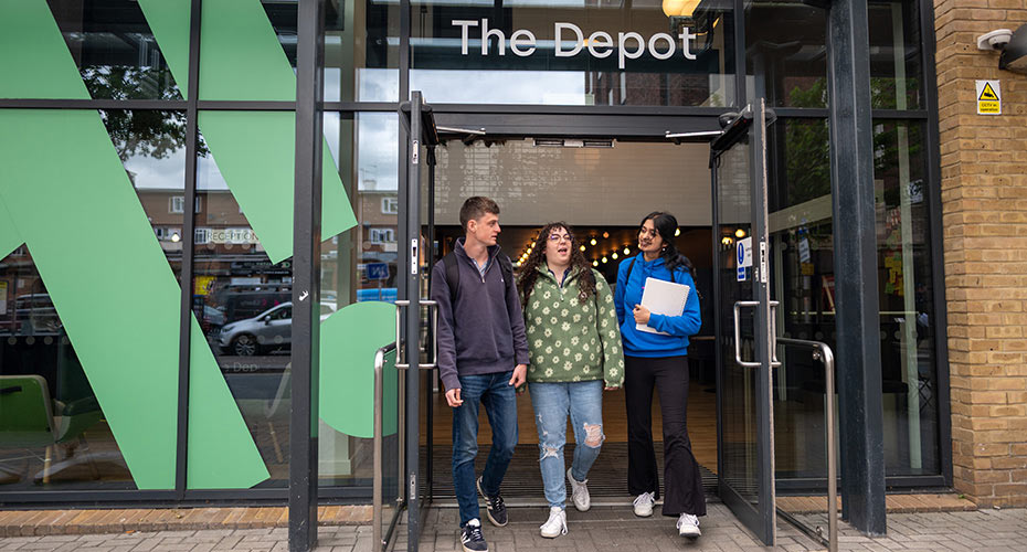 A group of students exiting The Depot