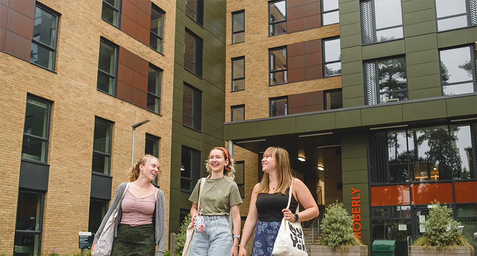 Students walking outside Moberly student accommodation