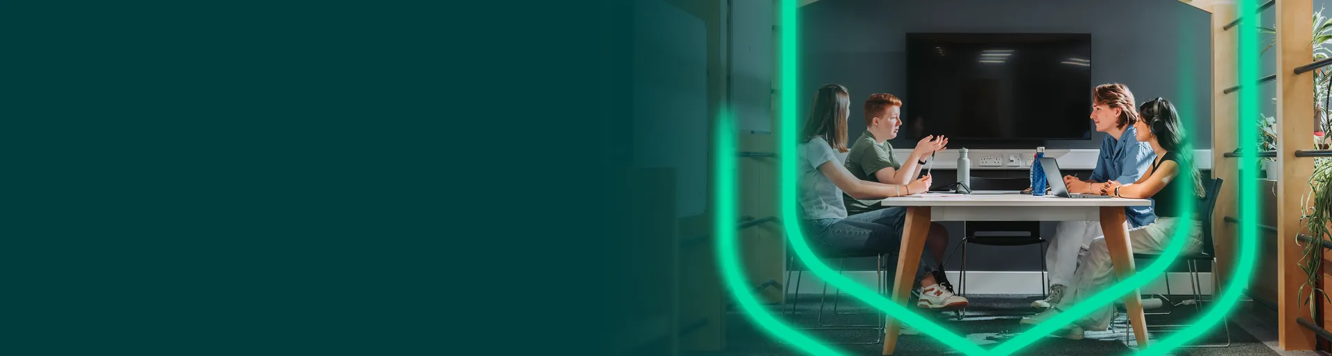 An image of a University of Exeter student's headshot over a branded background.