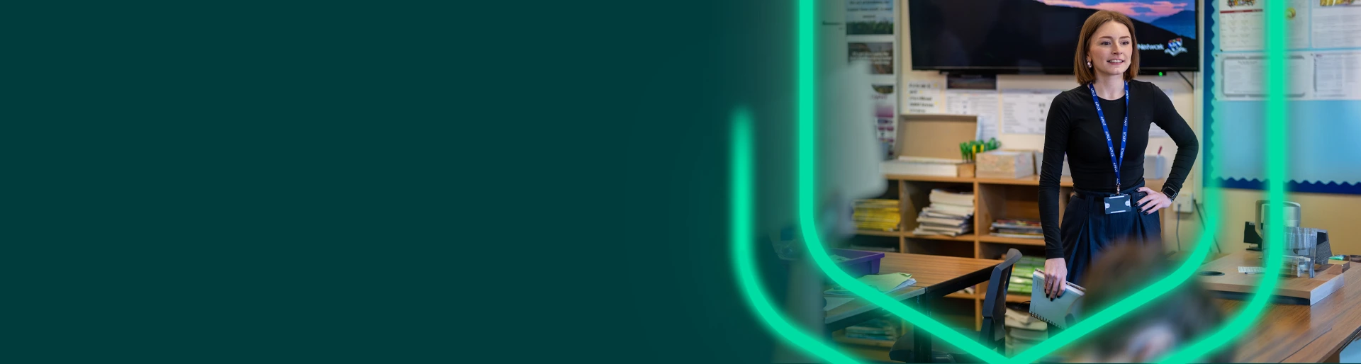 An image of a University of Exeter student's headshot over a branded background.