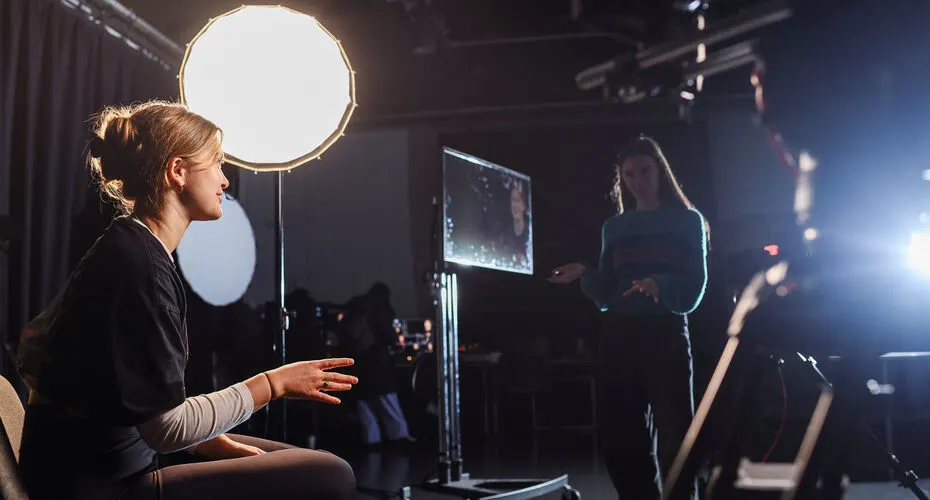 The newly configured TV Studio based in Thornlea, the main building for Drama subjects. Students operating industry standard Blackmagic equipment, cameras and directing for video production.