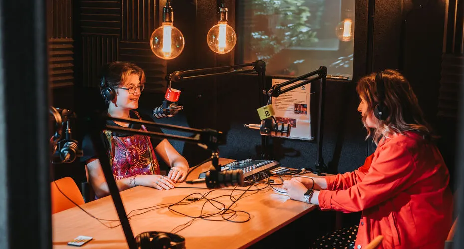 Media and Communications students using the podcast studio in Roborough Studios on Streatham Campus.
