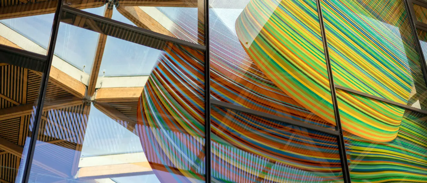Detail of 'Path', the architectural glass artwork by Alexander Beleschenko, commissioned specially for the University’s Forum building which was opened by the Queen in 2012.